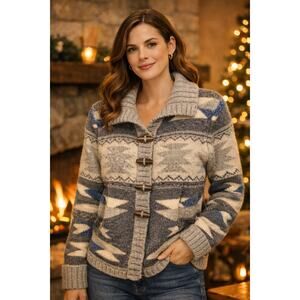 Eddie Bauer Womens Sz XL Lambswool Cashmere Aztec Chunky Cardigan Sweater